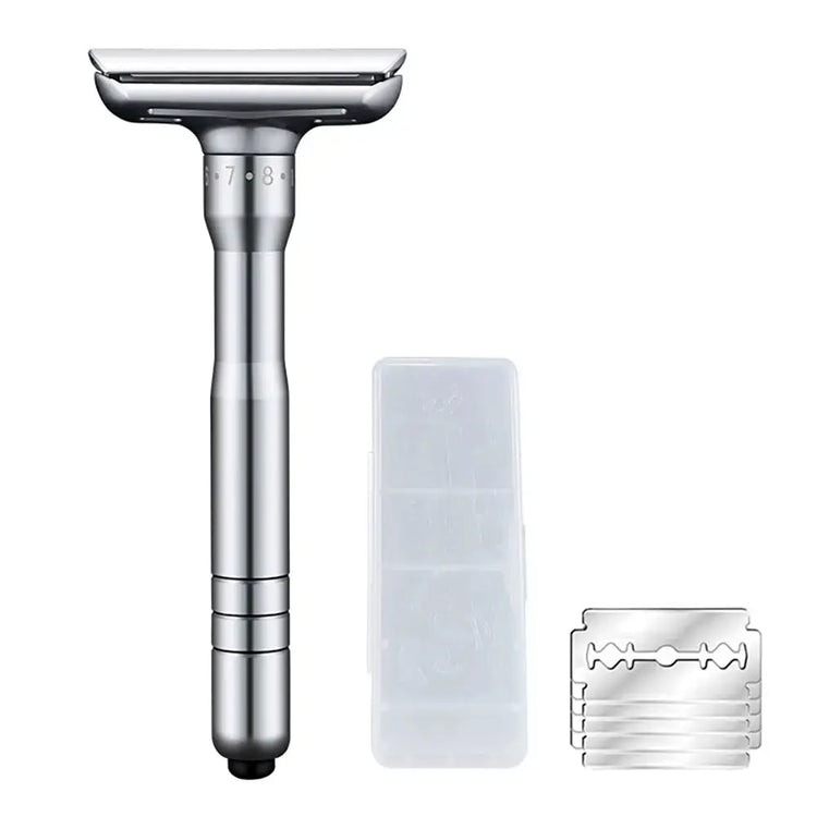 Adjustable Safety Razor Safer Press to Open Blade Replacing System 1 Razor 1 Travel Case & 5 Blades Men&