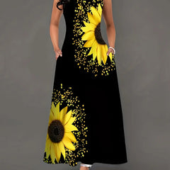 Sunflower Print Keyhole Dress, Casual Crew Neck Sleeveless Maxi Dress With Pocket, Women's Clothing For Elegant Dressing HASHTAG