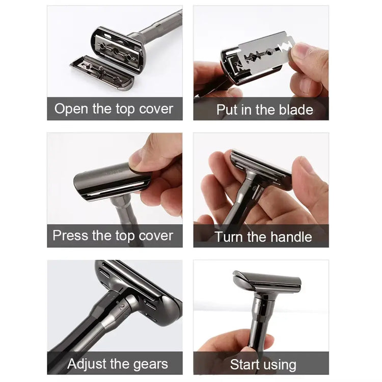 Adjustable Safety Razor Safer Press to Open Blade Replacing System 1 Razor 1 Travel Case & 5 Blades Men&