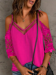 Cold Shoulder Mesh Contrast Blouse, Casual Lace Sleeve V Neck Blouse For Spring & Summer, Women's Clothing HASHTAG