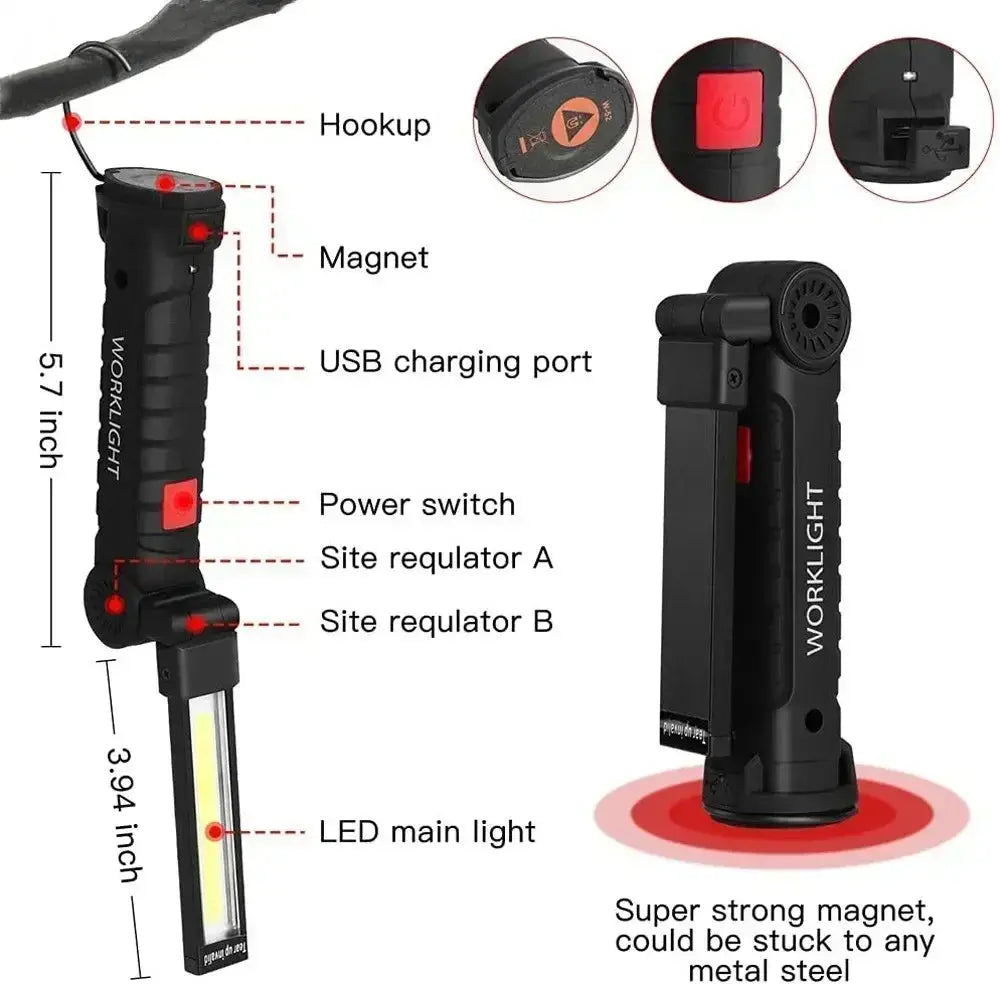 COB LED Work Light Dimmable USB Rechargeable LED Flashlight Inspection Lamp With Magnetic Hook Power Bank 18650 Battery Torch HASHTAG