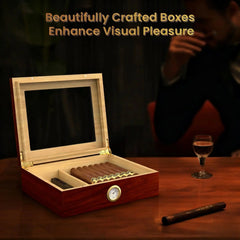 Cigar Humidor Solid Wood with Glass Top, 30 Cigar Capacity Storage Box with Hygrometer Humidifier for Home Decor HASHTAG