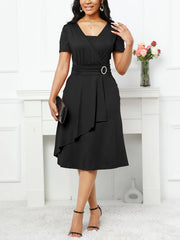 [V Neck Asymmetrical Dress] Asymmetrical V Neck Dress, Vintage Short Sleeve Slim Waist Comfy Dress, Women's Clothing Wedding/Evening dress/Occasion/Engagement/Ceremony HASHTAG