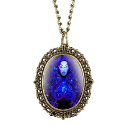 New 12 Constellation Astrology Oval Pocket Watch Unique Fluorescent Blue Zodiac Necklace Pendant Quartz Birthday Gift for Friend