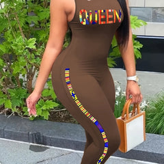Queen Letter Print Tank Jumpsuit, Slim Solid Casual Jumpsuit For Spring & Summer, Women's Clothing HASHTAG