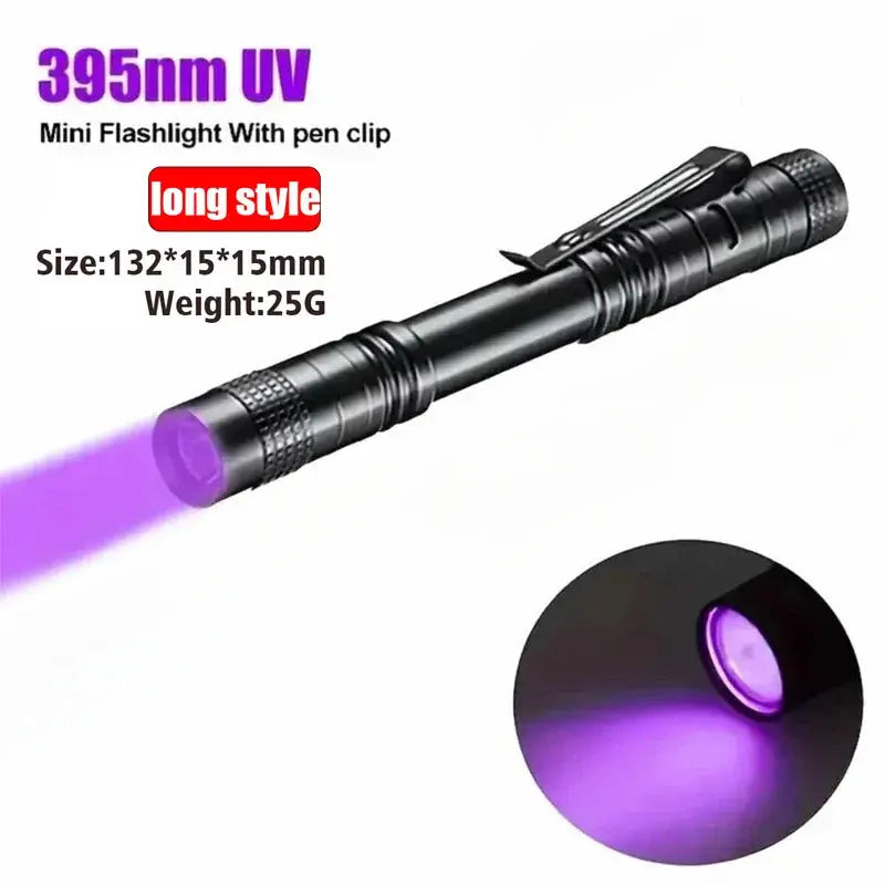 UV Flashlight 395nm Ultraviolet Torch With Pen Clip Portable AAA Batteries Used Violet Light Pet Urine Scorpion Detector UV Lamp HASHTAG