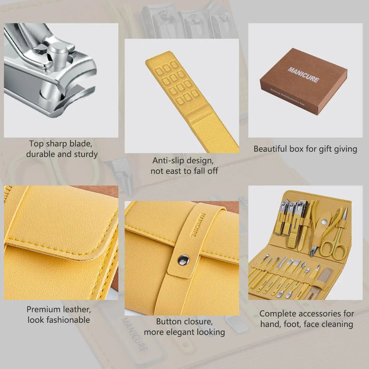 Tagliaunghie Set Professionale - Grooming Kit Strumenti per Manicure E Pedicure 16Pcs Con Lussuosa Custodia Da Viaggio in Pelle(Giallo)
