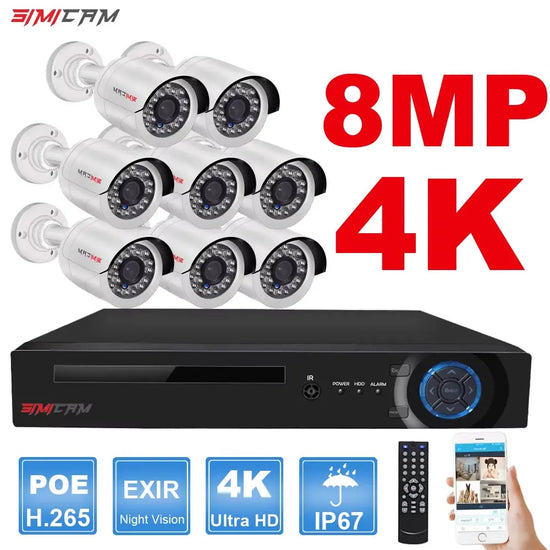 4K 8MP Ultra HD POE IP Security Camera System NVR Kit with Audio Out Door Bullet Indoor Dome Human Detection Video Surveillance