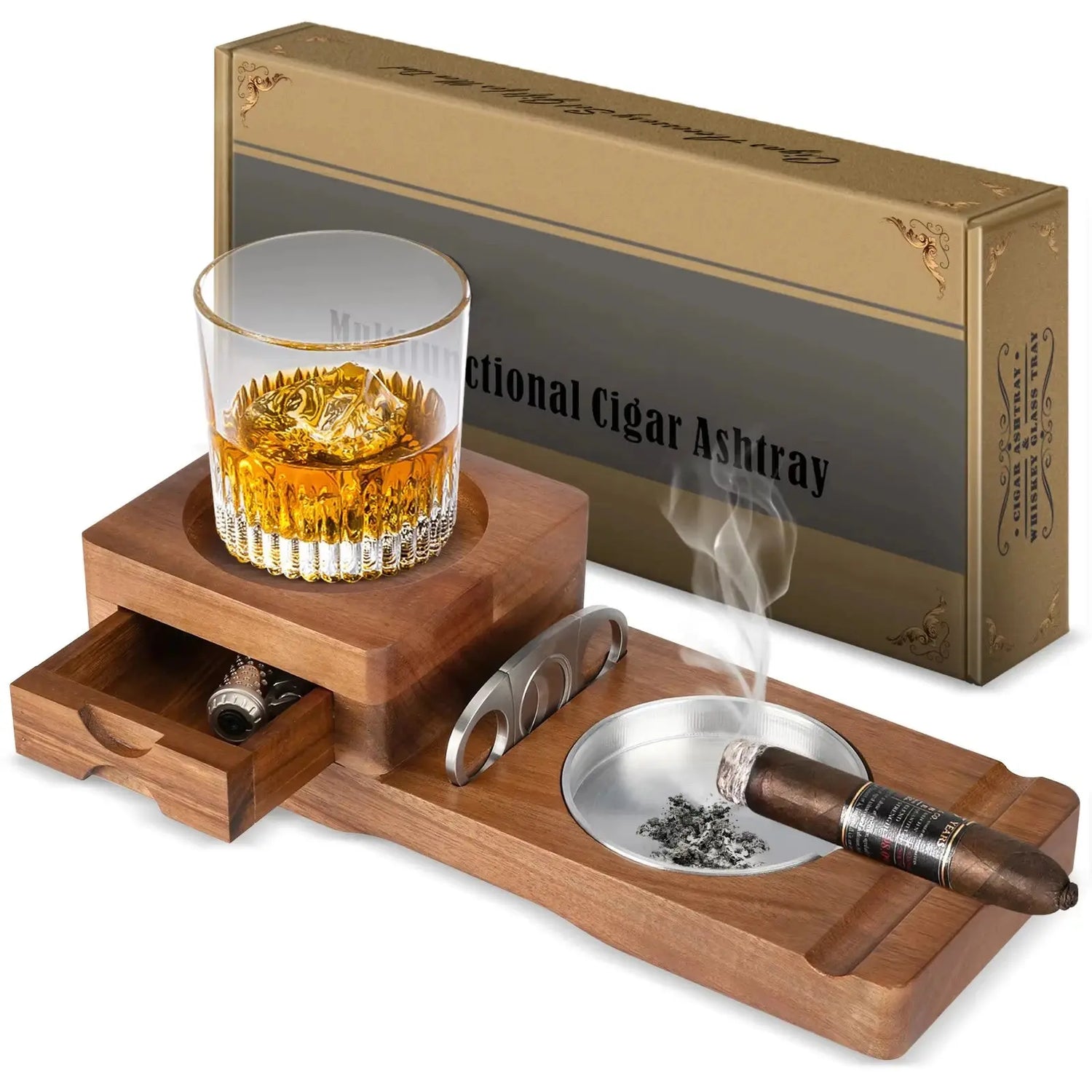 Wooden Cigar Ashtray with Tobacco Cigar Drawer & Whiskey Cup Holder Tray Heavy-Duty Desktop Decorative Smoking Accessories Gifts - HASHTAG