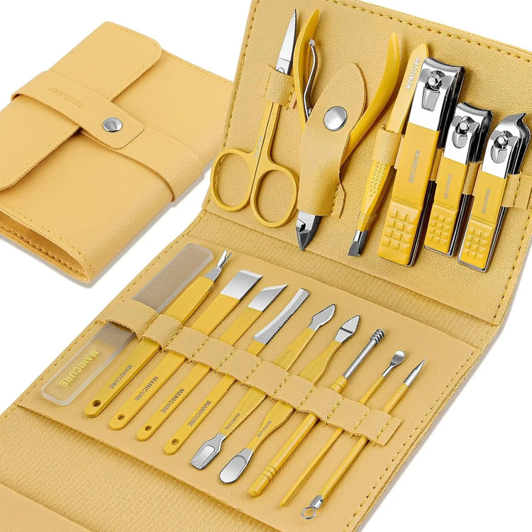 Tagliaunghie Set Professionale - Grooming Kit Strumenti per Manicure E Pedicure 16Pcs Con Lussuosa Custodia Da Viaggio in Pelle(Giallo)