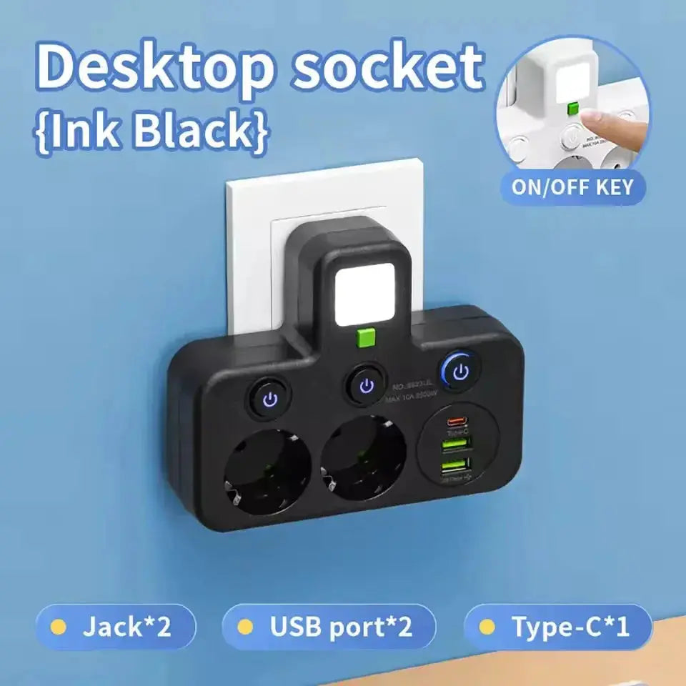 EU plug and socket, 4-pole socket, multifunctional wall plug, with or without extension cords or USB and Type-C interfaces HASHTAG