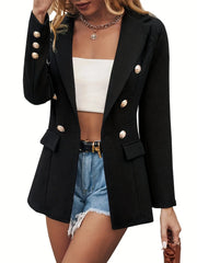 Lapel Double Breasted Blazer, Elegant Long Sleeve Work Office Outerwear With Pockets, Women's Clothing HASHTAG