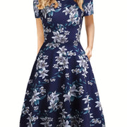 Elegant Retro A-line Dress, Short Sleeve Casual Dress For Spring & Summer, Women's Clothing HASHTAG