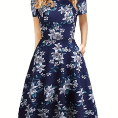 Elegant Retro A-line Dress, Short Sleeve Casual Dress For Spring & Summer, Women's Clothing HASHTAG