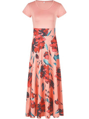 Printed Splicing Crew Neck Dress, Elegant Short Sleeve Slim Waist Pleated Maxi Dress, Women's Clothing For Elegant Dressing HASHTAG