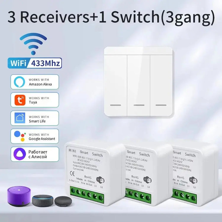 1/2/3Gang Wall Switch RF 433Mhz Wireless Light Switch Tuya Smart Wifi Switch Smart Life APP Voice Control with Alexa Google Home