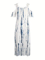 Floral Print Maxi Dress - Short Sleeve, V Neck, Casual, Lace Up, Women's Clothing for Everyday Wear HASHTAG