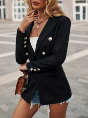 Lapel Double Breasted Blazer, Elegant Long Sleeve Work Office Outerwear With Pockets, Women's Clothing HASHTAG