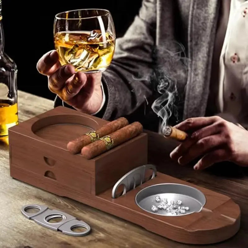 Wooden Cigar Ashtray with Tobacco Cigar Drawer & Whiskey Cup Holder Tray Heavy-Duty Desktop Decorative Smoking Accessories Gifts - HASHTAG