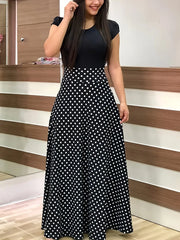 Printed Splicing Crew Neck Dress, Elegant Short Sleeve Slim Waist Pleated Maxi Dress, Women's Clothing For Elegant Dressing HASHTAG
