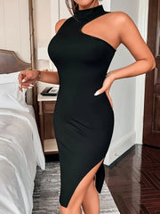 Ribbed Bodycon Tank Dress, Sexy Mock Neck Asymmetrical Sleeveless Dress, Women's Clothing HASHTAG