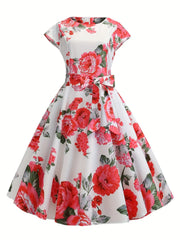 Floral Print Tie Waist Dress, Elegant Crew Neck Cap Sleeve Pleated Dress, Women's Clothing HASHTAG