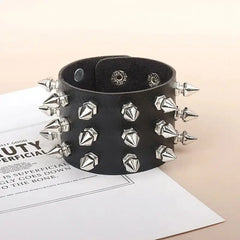 Punk Bracelet for Men Women - Goth Black Leather Wristband with Metal Spike Studded- Spike Rivets Cuff Bangle Adjustable HASHTAG