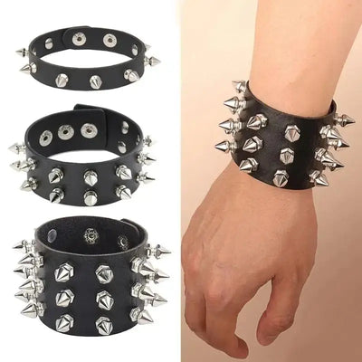 Punk Bracelet for Men Women - Goth Black Leather Wristband with Metal Spike Studded- Spike Rivets Cuff Bangle Adjustable HASHTAG