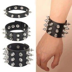 Punk Bracelet for Men Women - Goth Black Leather Wristband with Metal Spike Studded- Spike Rivets Cuff Bangle Adjustable HASHTAG