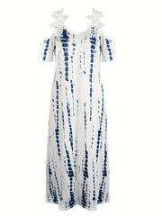 Floral Print Maxi Dress - Short Sleeve, V Neck, Casual, Lace Up, Women's Clothing for Everyday Wear HASHTAG