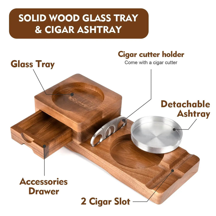 Wooden Cigar Ashtray with Tobacco Cigar Drawer & Whiskey Cup Holder Tray Heavy-Duty Desktop Decorative Smoking Accessories Gifts - HASHTAG