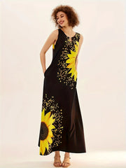 Sunflower Print Keyhole Dress, Casual Crew Neck Sleeveless Maxi Dress With Pocket, Women's Clothing For Elegant Dressing HASHTAG