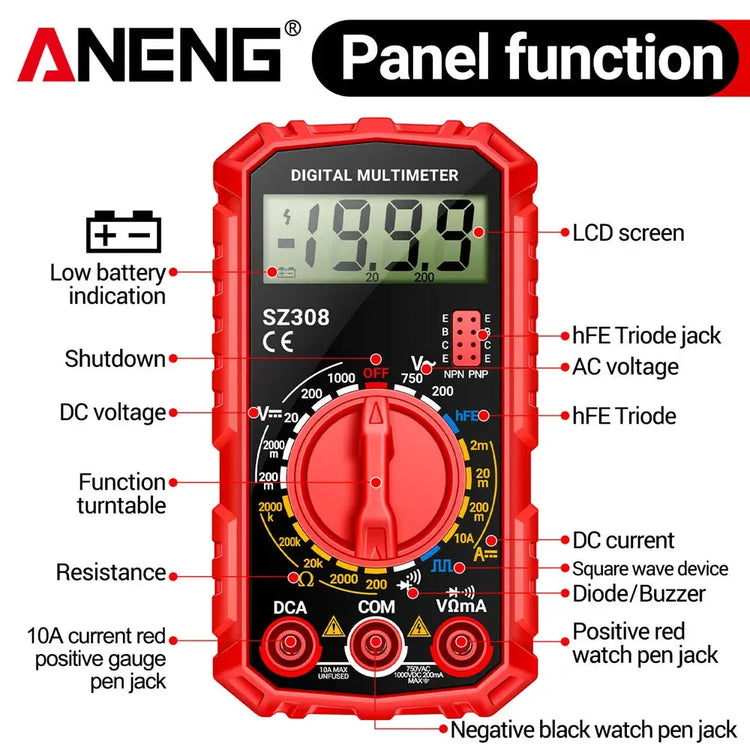 ANENG SZ308 Digital Multimeter   AC/DC Current Meter Voltage Resistance Meter Electrician LCD Backlight Ohm Square Wave Test - HASHTAG
