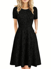 Elegant Retro A-line Dress, Short Sleeve Casual Dress For Spring & Summer, Women's Clothing HASHTAG
