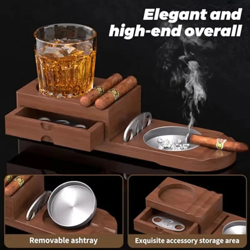 Wooden Cigar Ashtray with Tobacco Cigar Drawer & Whiskey Cup Holder Tray Heavy-Duty Desktop Decorative Smoking Accessories Gifts - HASHTAG