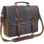 [Leather Messenger Bag] Waterproof Vintage 15.6 Inch Mens Messenger Bag | Genuine Leather Waxed Canvas Briefcase Large Leather Computer Laptop Bag Rugged Satchel Shoulder Bag HASHTAG