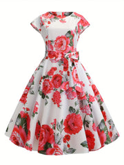 Floral Print Tie Waist Dress, Elegant Crew Neck Cap Sleeve Pleated Dress, Women's Clothing HASHTAG