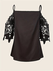 Cold Shoulder Mesh Contrast Blouse, Casual Lace Sleeve V Neck Blouse For Spring & Summer, Women's Clothing HASHTAG