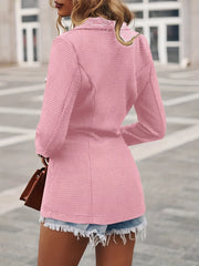 Lapel Double Breasted Blazer, Elegant Long Sleeve Work Office Outerwear With Pockets, Women's Clothing HASHTAG