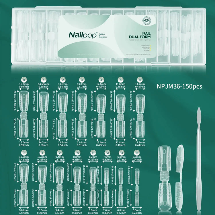 Nailpop 150 pcs Double Ended Nail Dual Forms Square Coffin Shape Extension 15 Sizes Professional Salon Quality Nail Art Tools HASHTAG