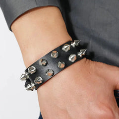 Punk Bracelet for Men Women - Goth Black Leather Wristband with Metal Spike Studded- Spike Rivets Cuff Bangle Adjustable HASHTAG