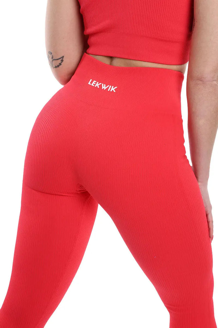 Leggings a costine rosso corallo modello CIRCE a vita alta - HASHTAG