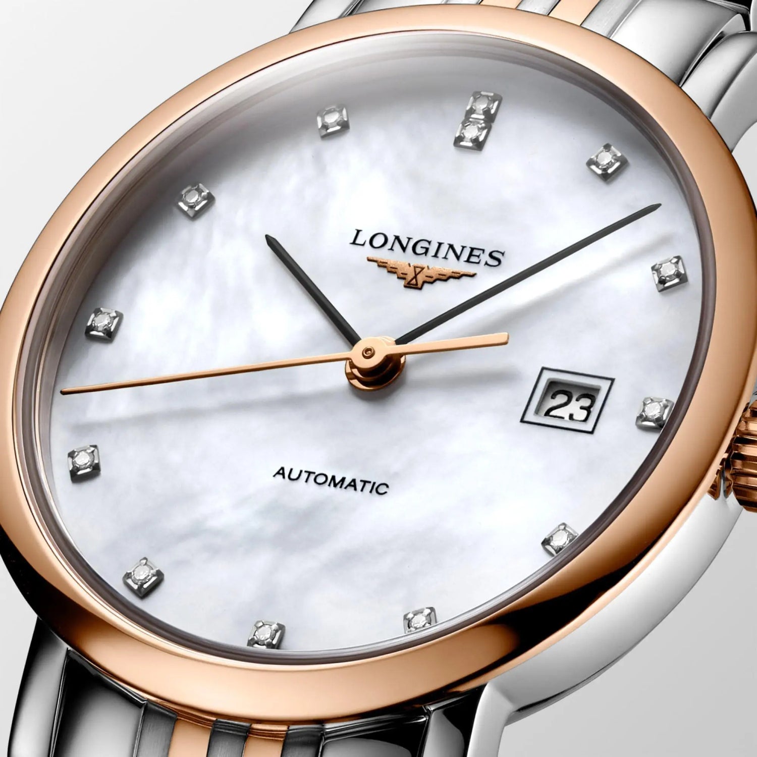 Longines orologio Elegant Collection 29mm madreperla brillanti automatico acciaio finiture oro rosa L4.310.5.87.7 Capodagli 1937