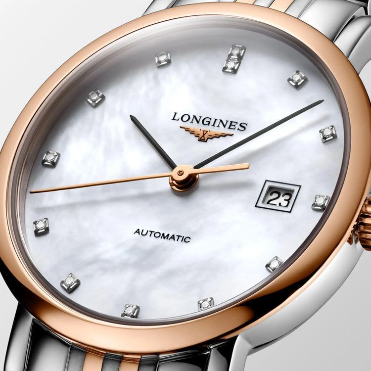 Longines orologio Elegant Collection 29mm madreperla brillanti automatico acciaio finiture oro rosa L4.310.5.87.7 Capodagli 1937