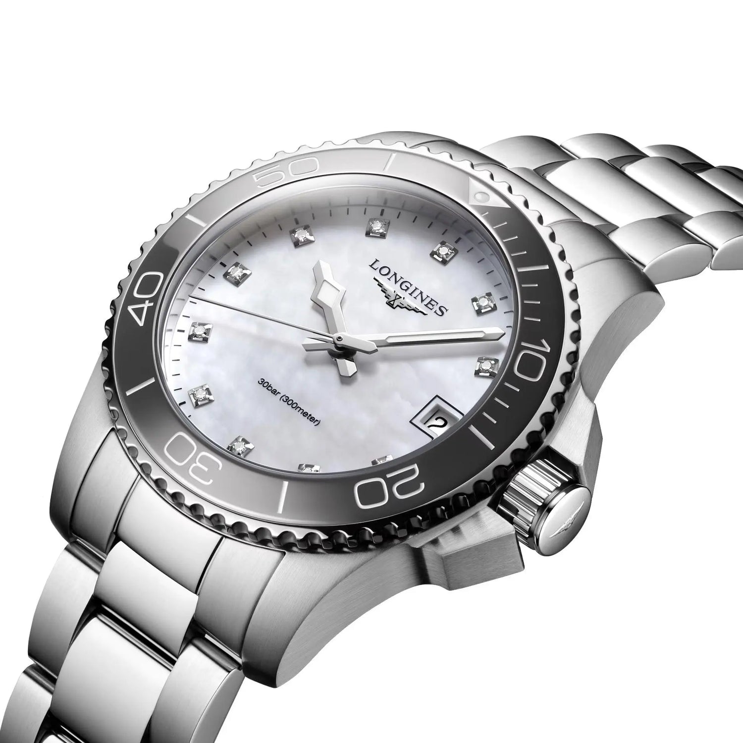 Longines orologio Hydroconquest 32mm madreperla diamanti quarzo acciaio Capodagli 1937