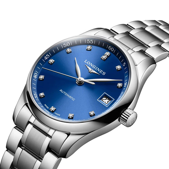 Longines orologio Master Collection 34mm blu diamanti automatico acciaio L2.357.4.98.6 Capodagli 1937